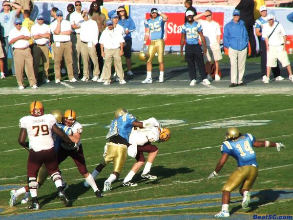 The Bruins, like Reggie Carter here, got WAY more pressure on the QB than usual.