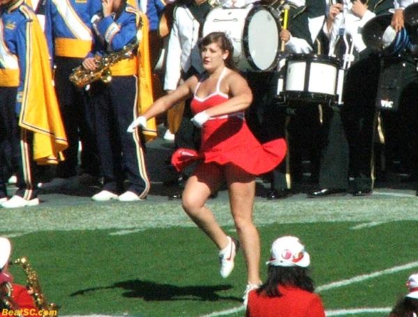 The Stanford Cheerleaders performed with each song of their band’s halftime show  (Yes, this is a hint for you-know-who).