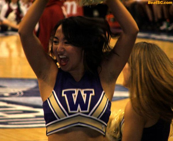 Also, the Husky Cheerleaders showed more enthusiasm over scored baskets than any other visiting spirit squad.