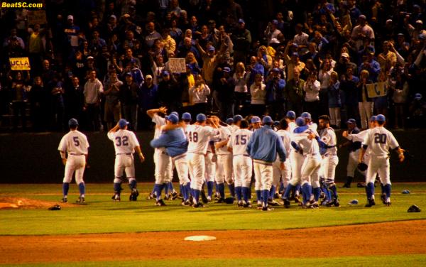 Here are the Bruins, celebrating a near-perfect performance (a 2-hit complete game) that has them headed to Omaha.
